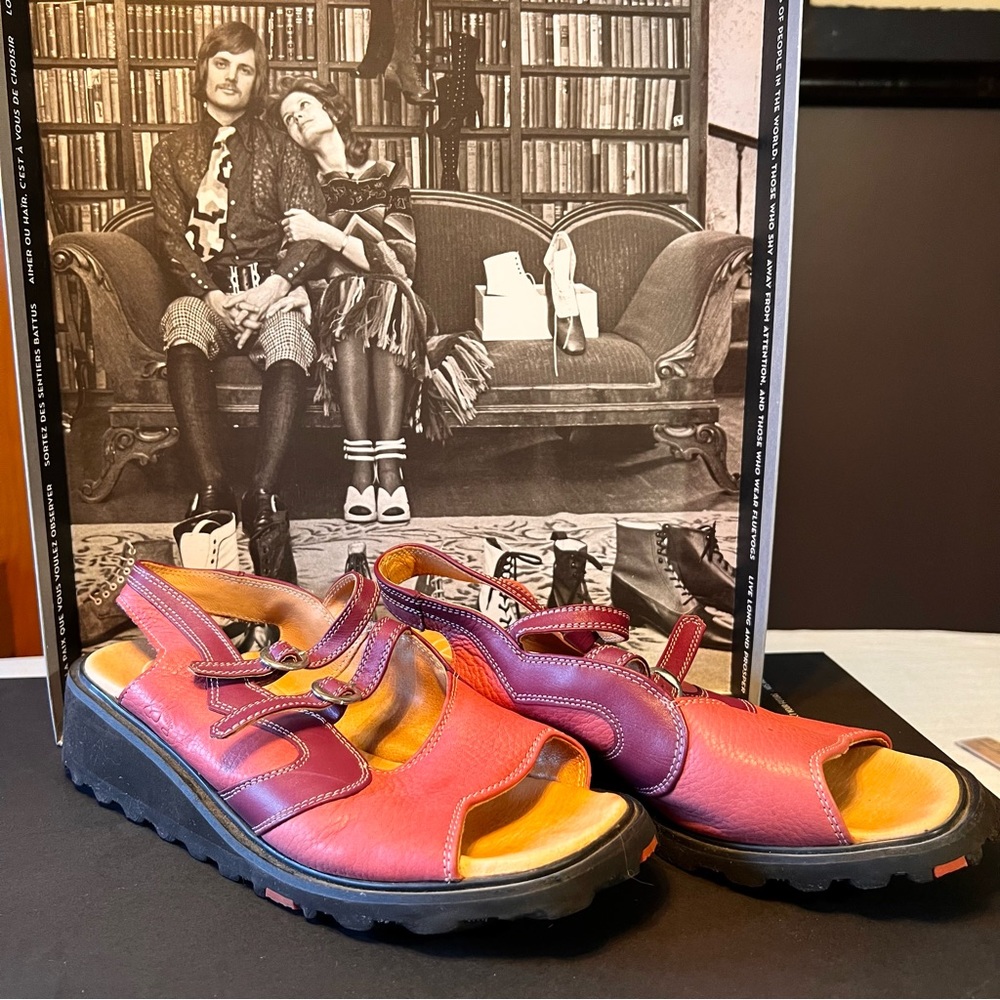 John Fluevog Vintage Love Marina Wedge Sandal Pink & Burgundy 10
